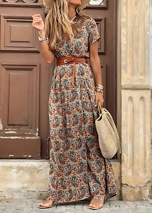 Maxi Dress with Floral Print and V-Neck for Women
