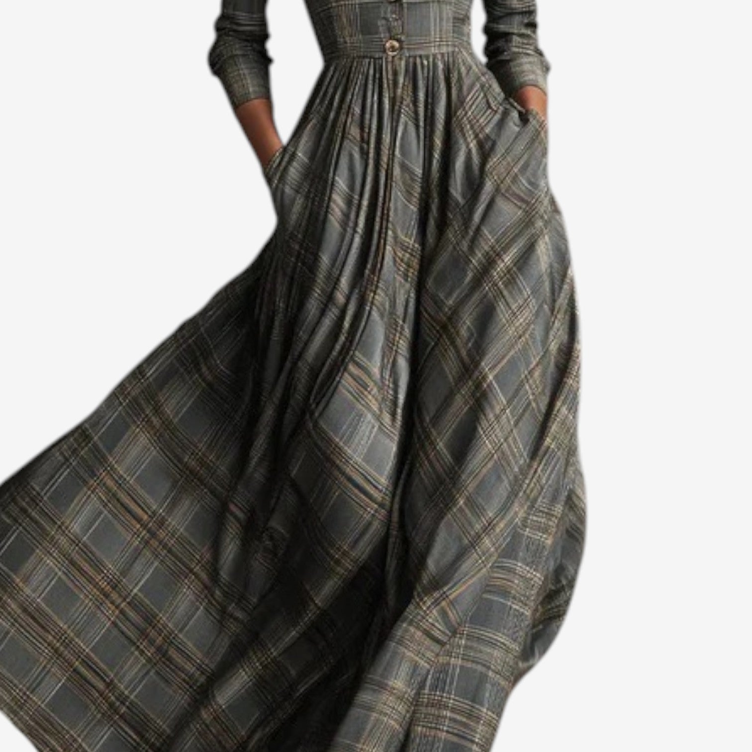 Long Plaid V-Neck Dress for Women