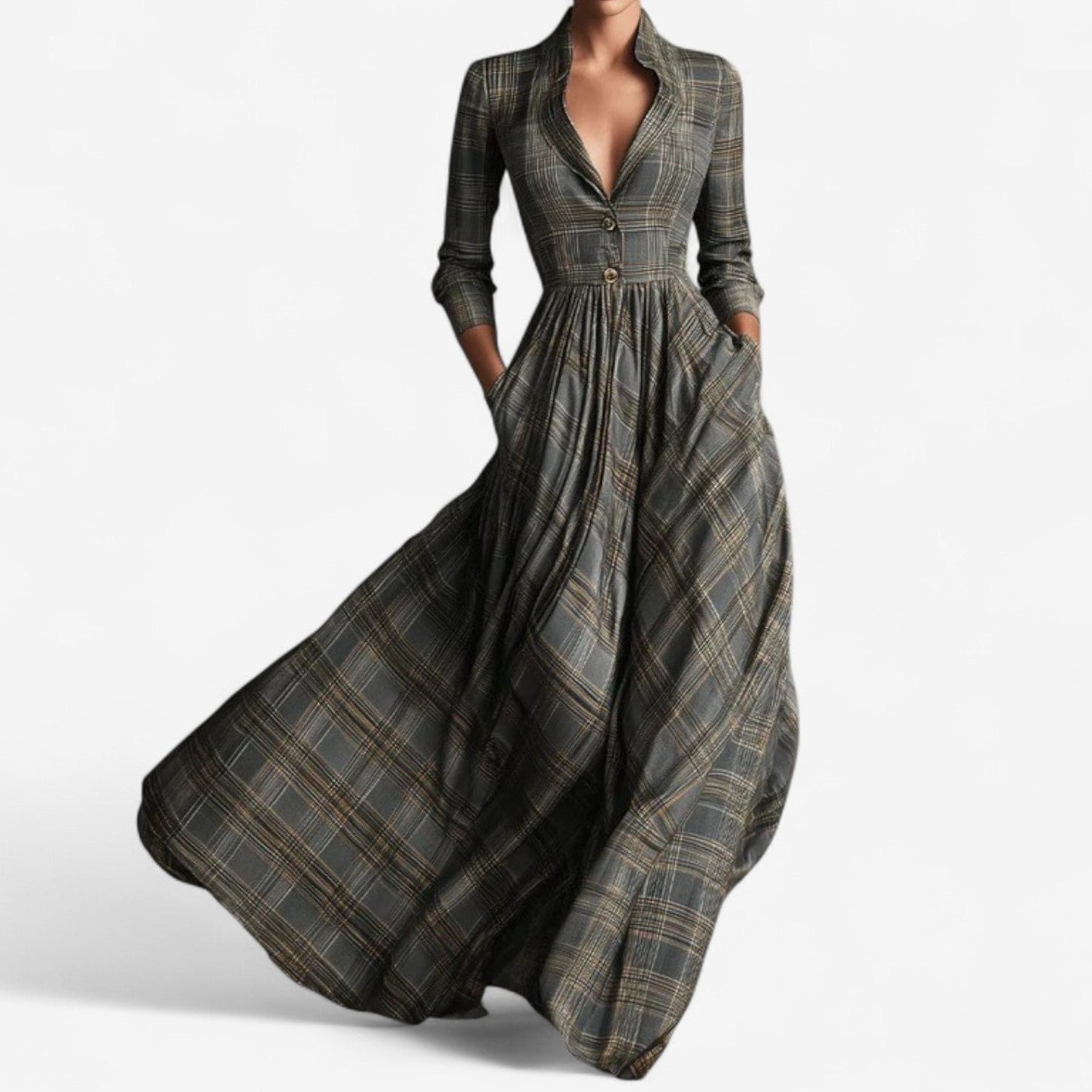 Long Plaid V-Neck Dress for Women
