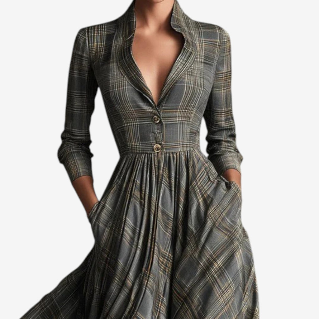 Long Plaid V-Neck Dress for Women