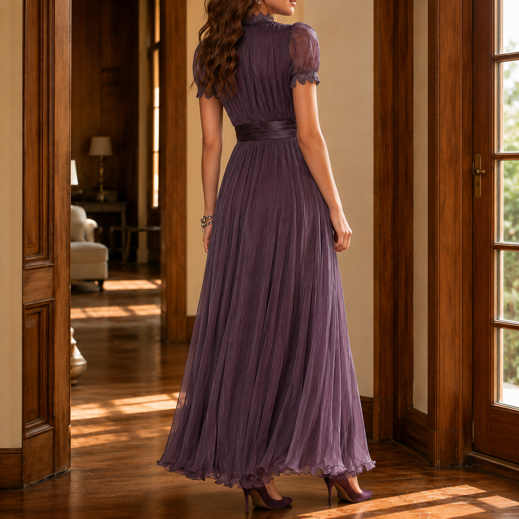 High Neck Puff Sleeve A Line Maxi Dress with Lace Trim for Women