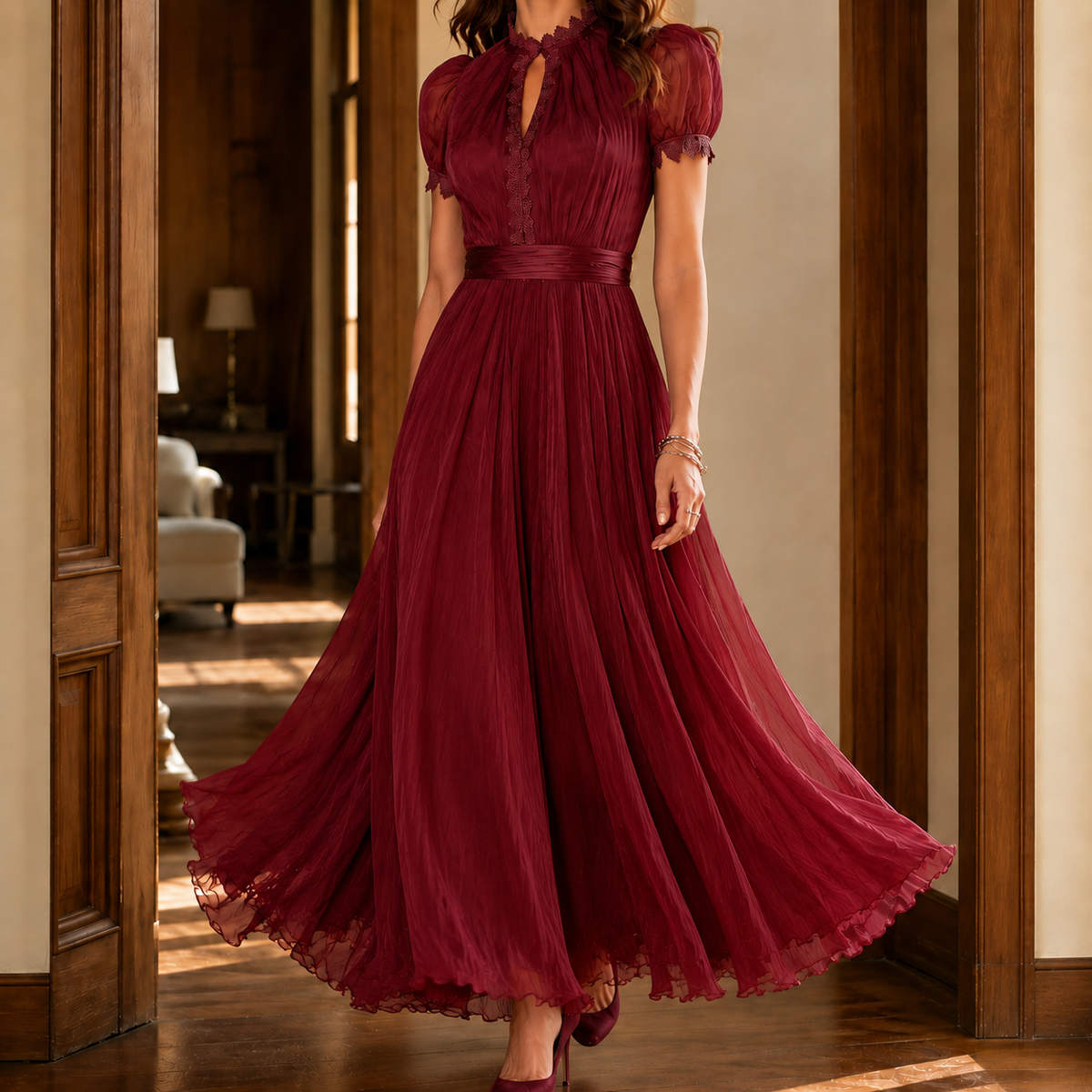High Neck Puff Sleeve A Line Maxi Dress with Lace Trim for Women