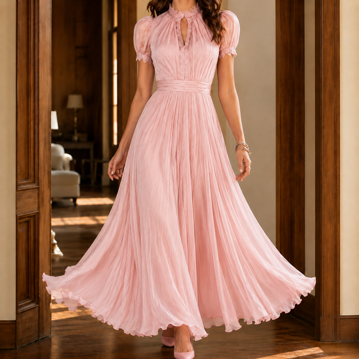 High Neck Puff Sleeve A Line Maxi Dress with Lace Trim for Women