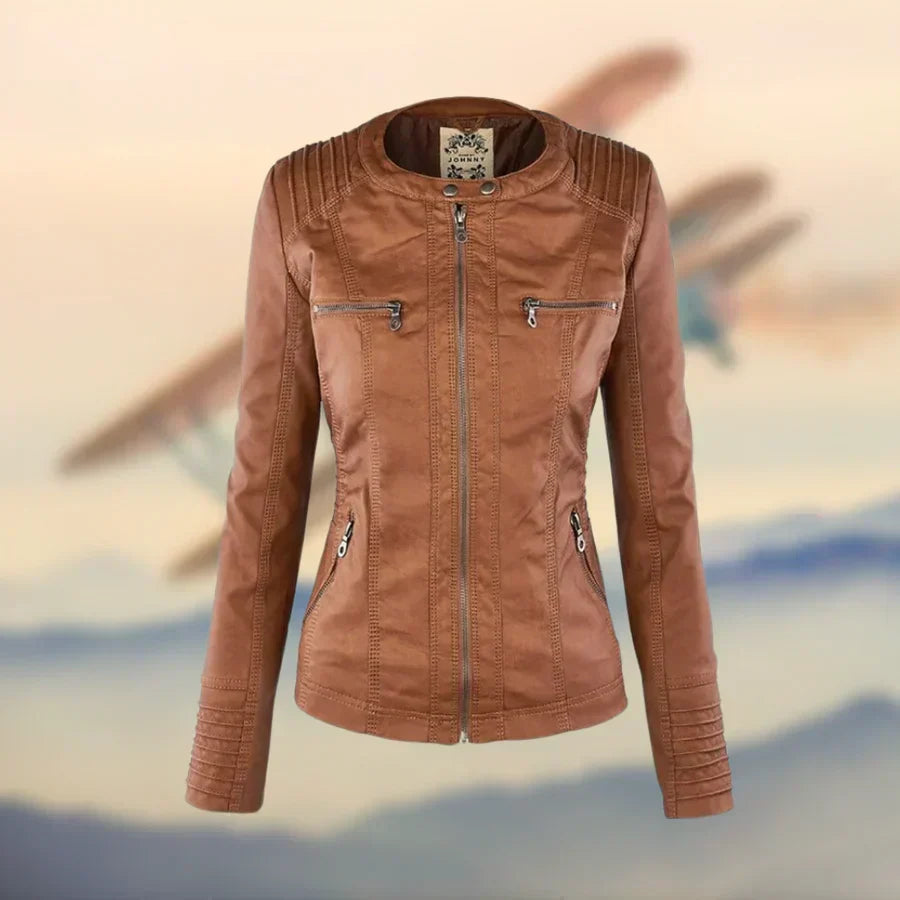 Fitted Faux Leather Moto Jacket with Zip Pockets for Women
