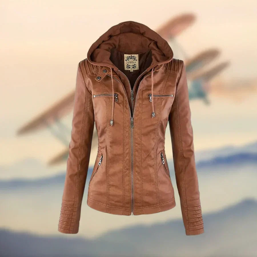 Fitted Faux Leather Moto Jacket with Zip Pockets for Women