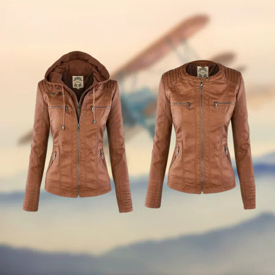 Fitted Faux Leather Moto Jacket with Zip Pockets for Women