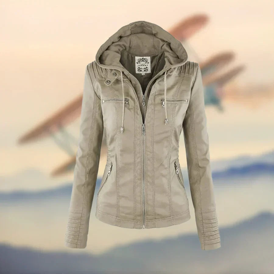Fitted Faux Leather Moto Jacket with Zip Pockets for Women