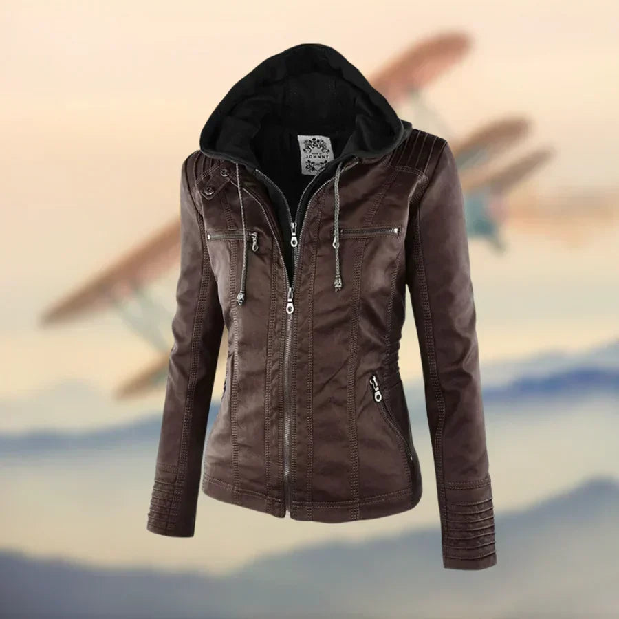 Fitted Faux Leather Moto Jacket with Zip Pockets for Women