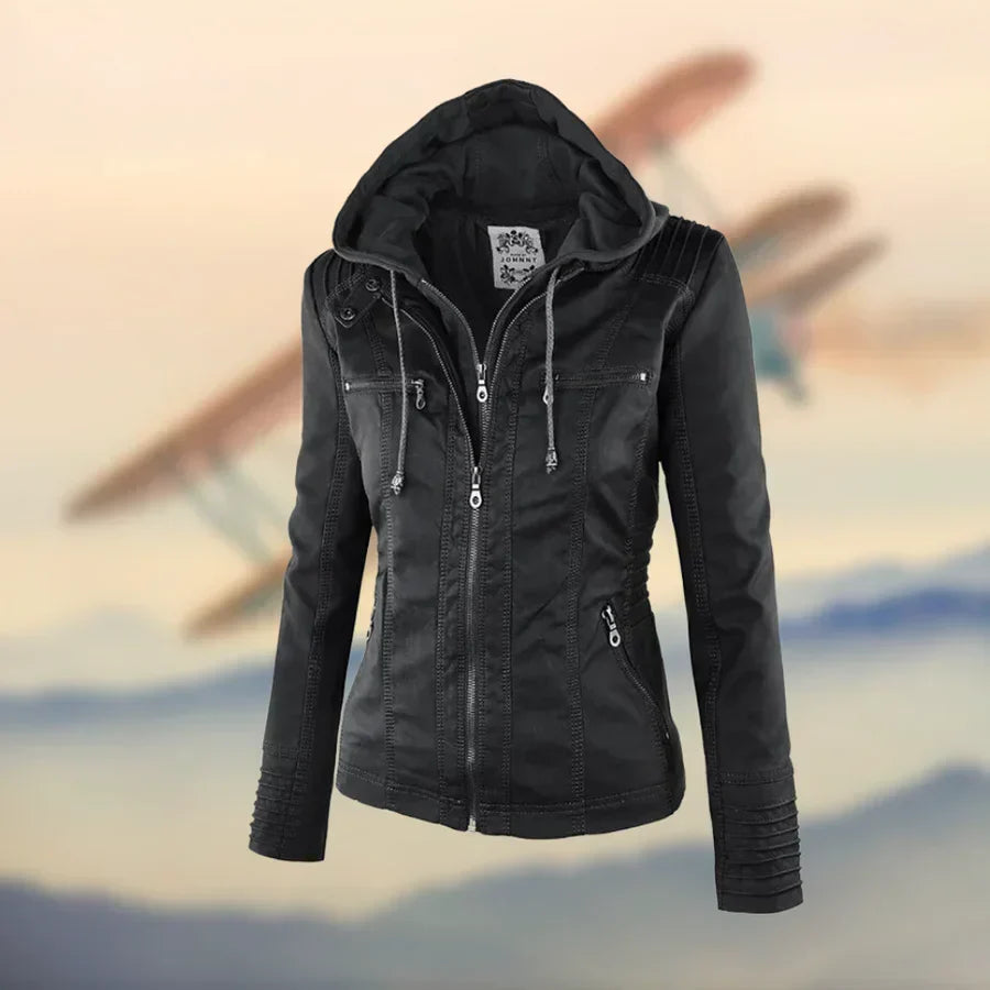 Fitted Faux Leather Moto Jacket with Zip Pockets for Women