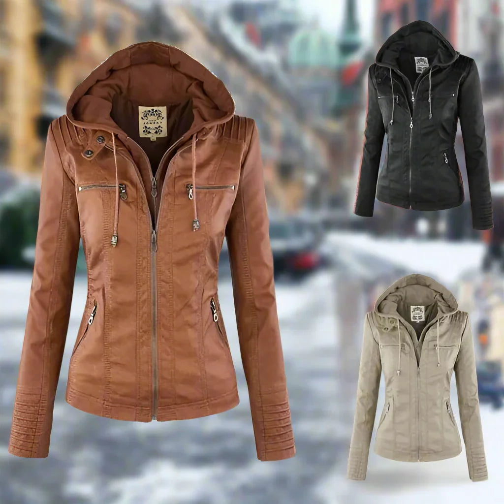 Fitted Faux Leather Moto Jacket with Zip Pockets for Women