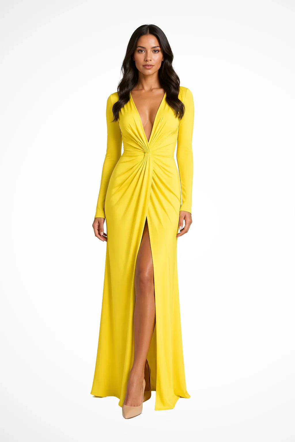 Long Sleeve Deep V Neck Maxi Dress with Side Slit for Women