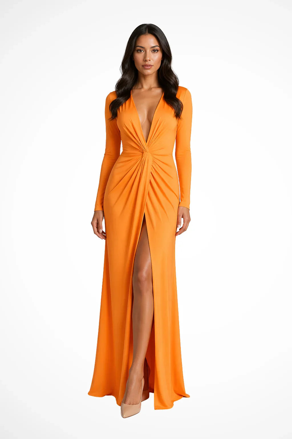 Long Sleeve Deep V Neck Maxi Dress with Side Slit for Women