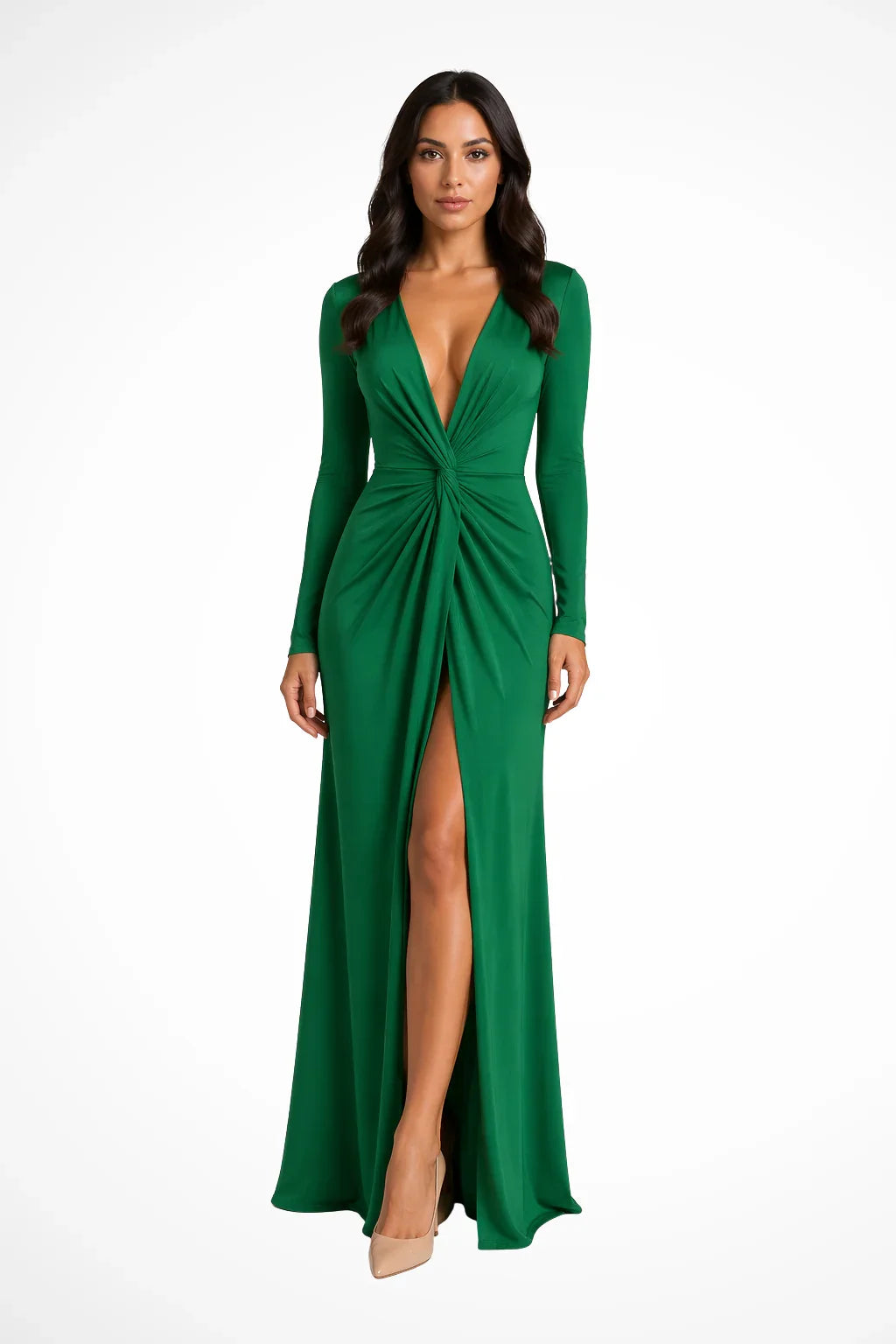 Long Sleeve Deep V Neck Maxi Dress with Side Slit for Women