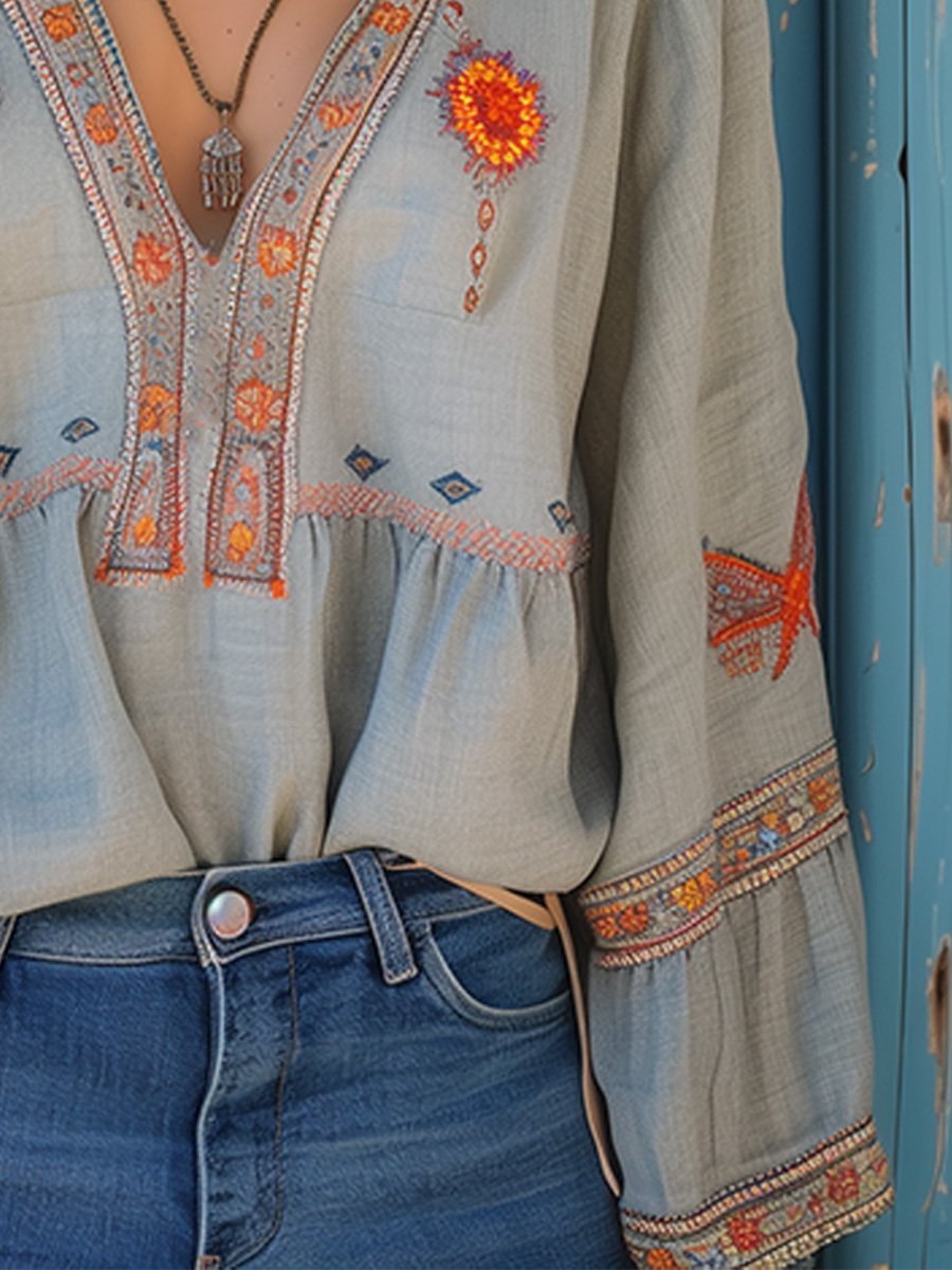 Printed V-neck Blouse for Women