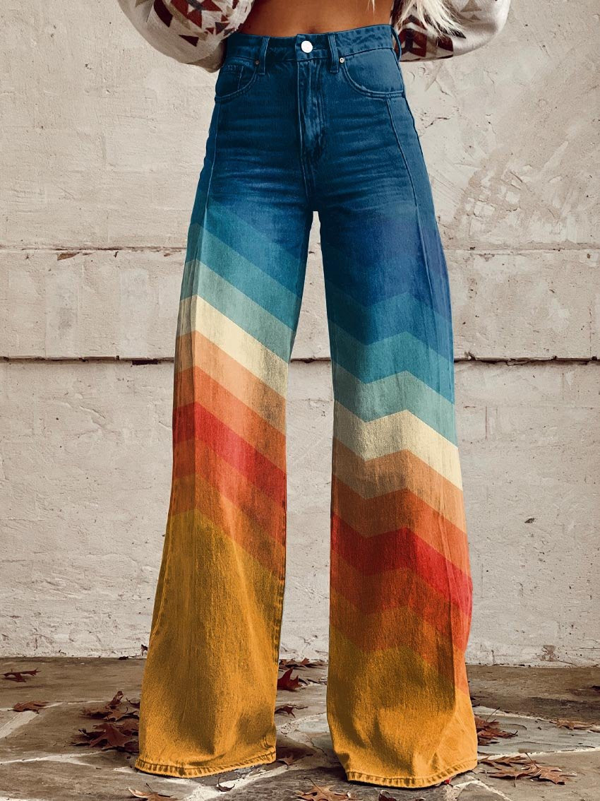 High-Waisted Wide-Leg Pants with Retro Print for Women