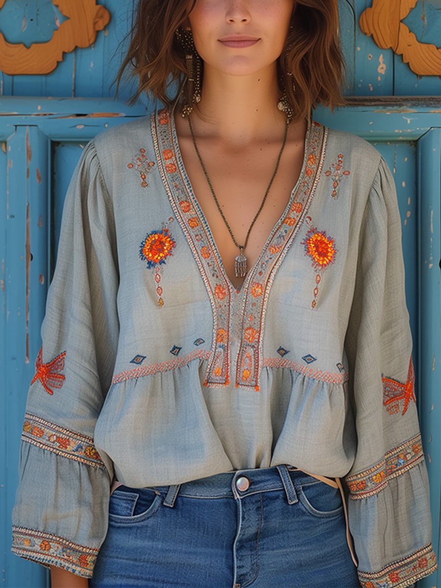 Printed V-neck Blouse for Women