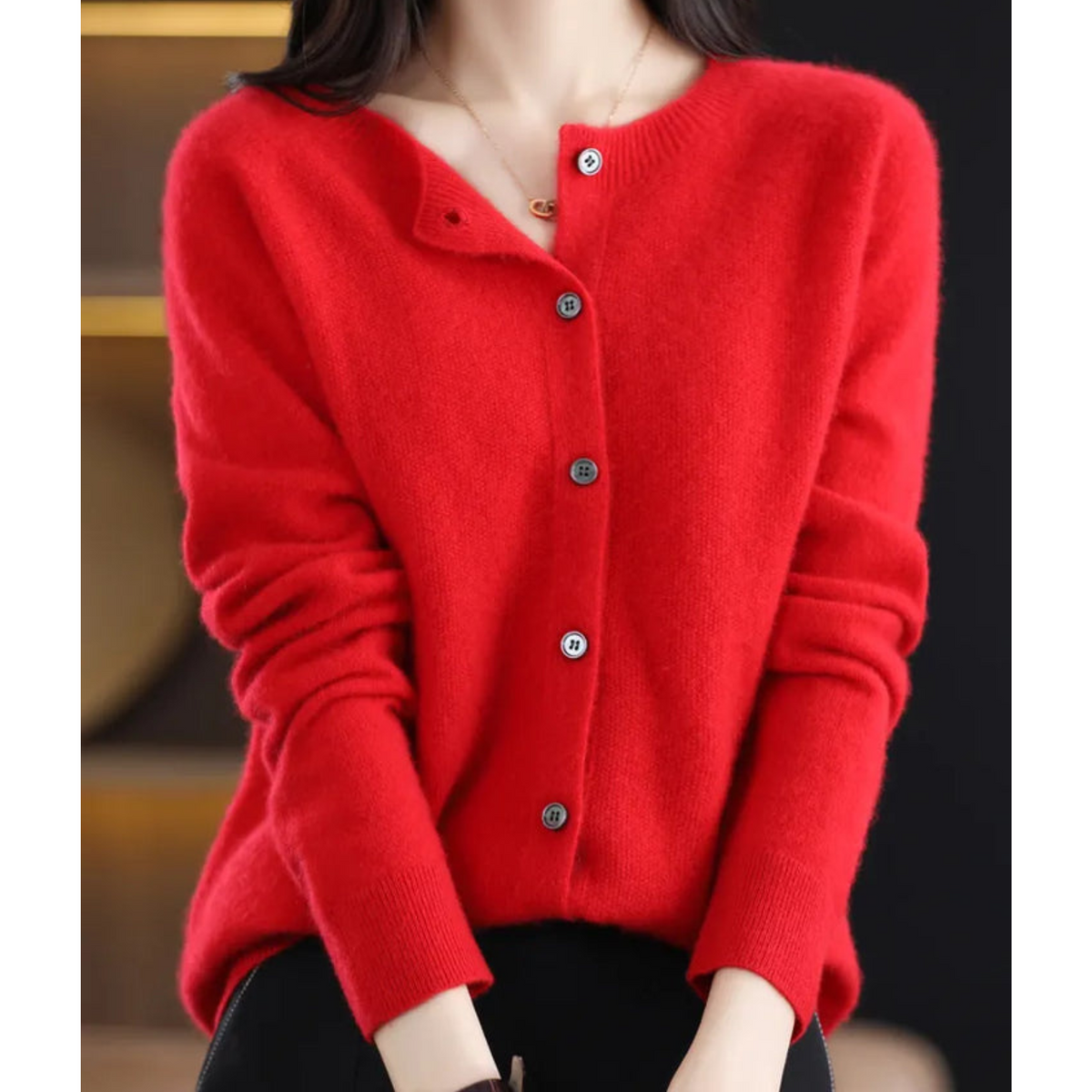 Wool Knit Cardigan with Crew Neck and Long Sleeves for Women
