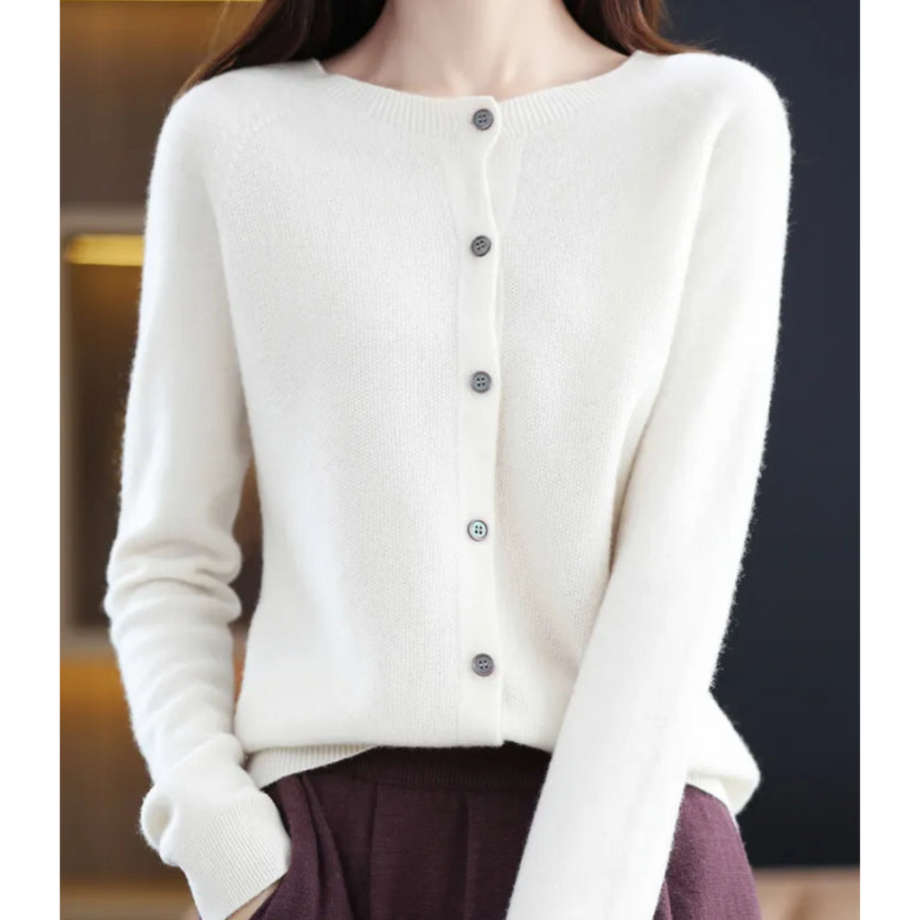 Wool Knit Cardigan with Crew Neck and Long Sleeves for Women