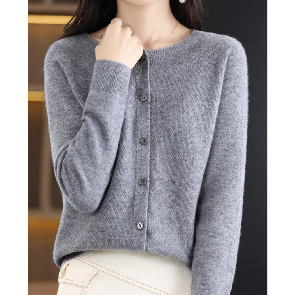 Wool Knit Cardigan with Crew Neck and Long Sleeves for Women