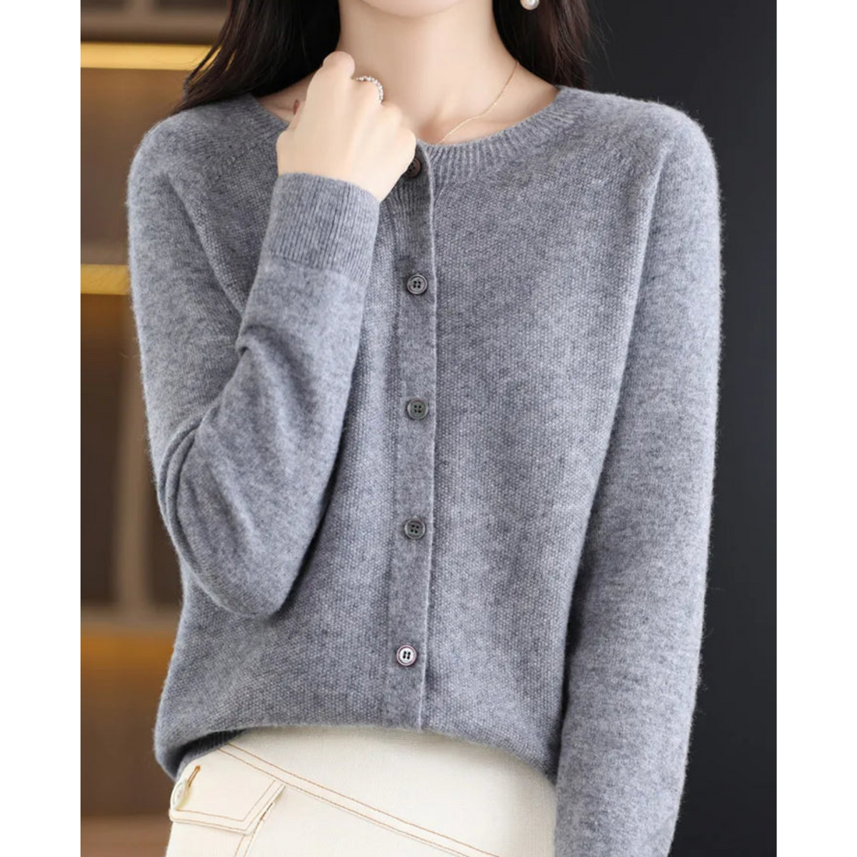 Wool Knit Cardigan with Crew Neck and Long Sleeves for Women