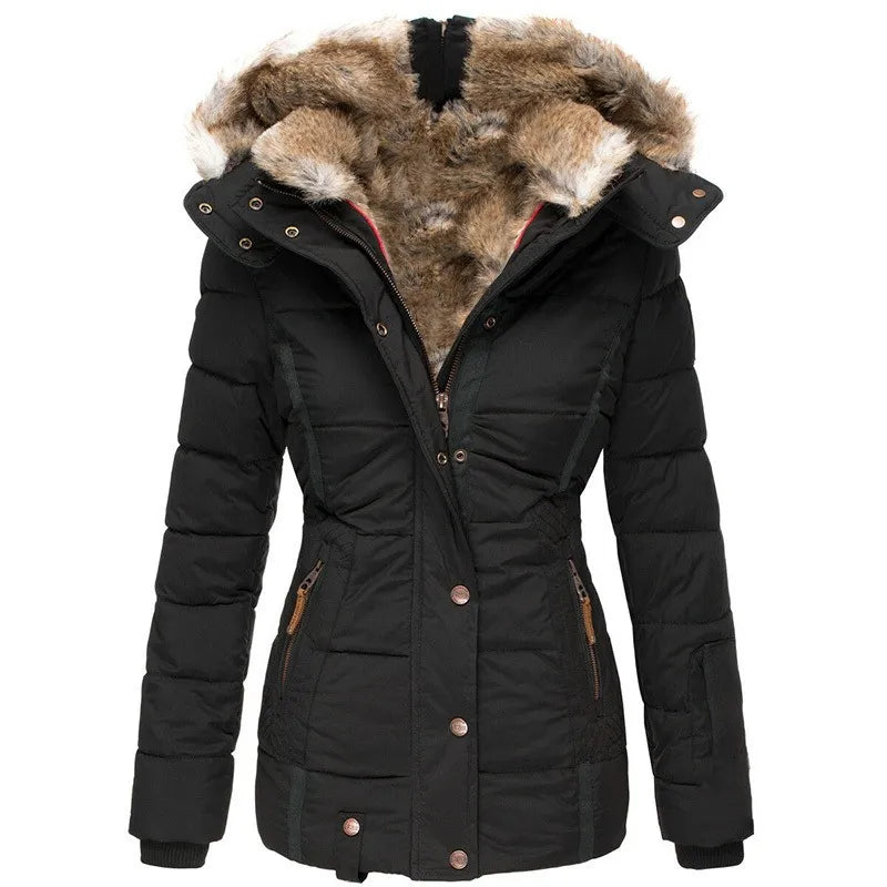 Women's Padded Jacket with Hood and Synthetic Trim Details