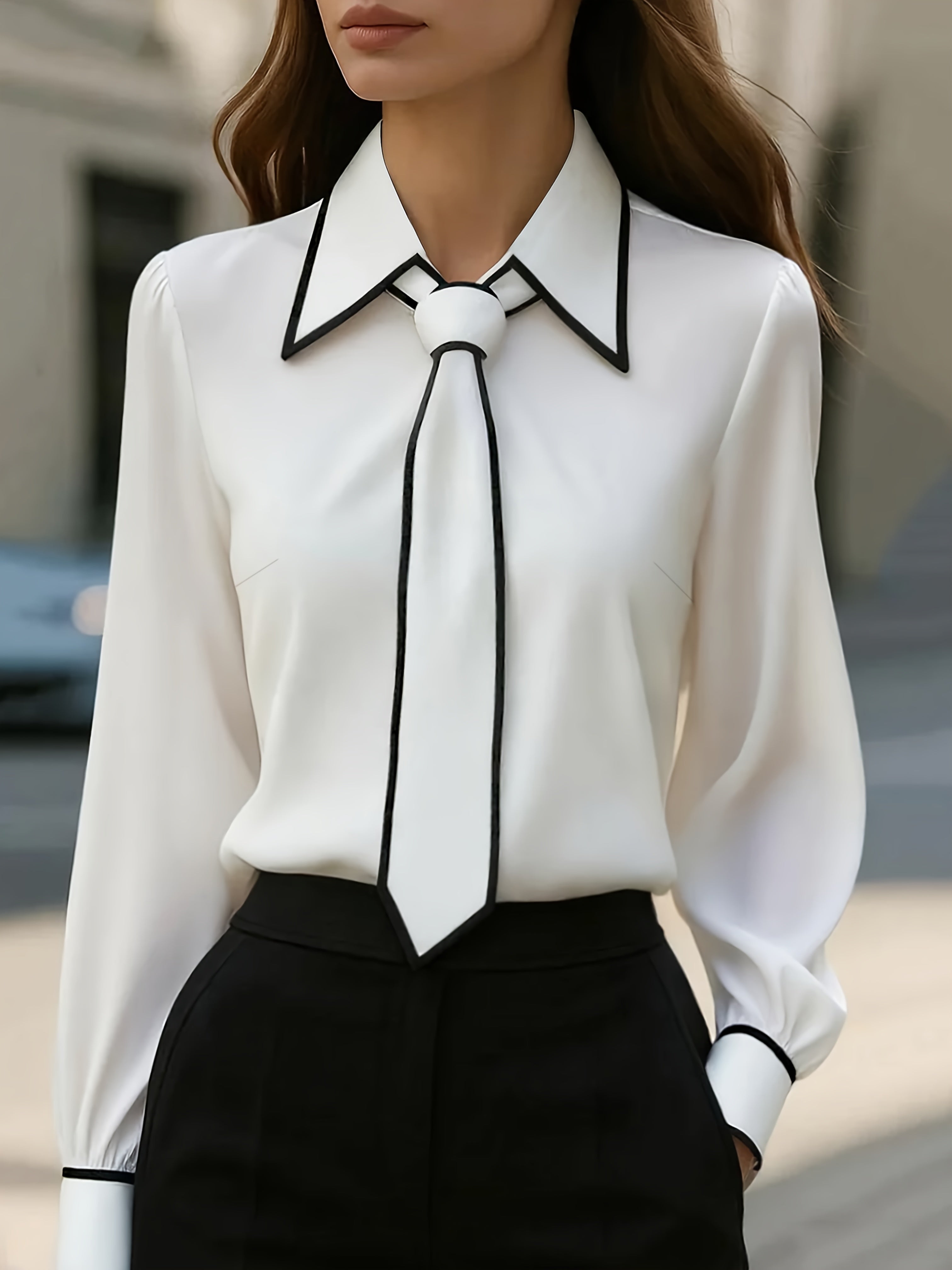 Contrast V-Neck Blouse for Women