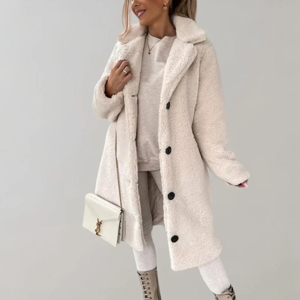 Long Teddy Coat with Lapel Collar and Button Closure for Women