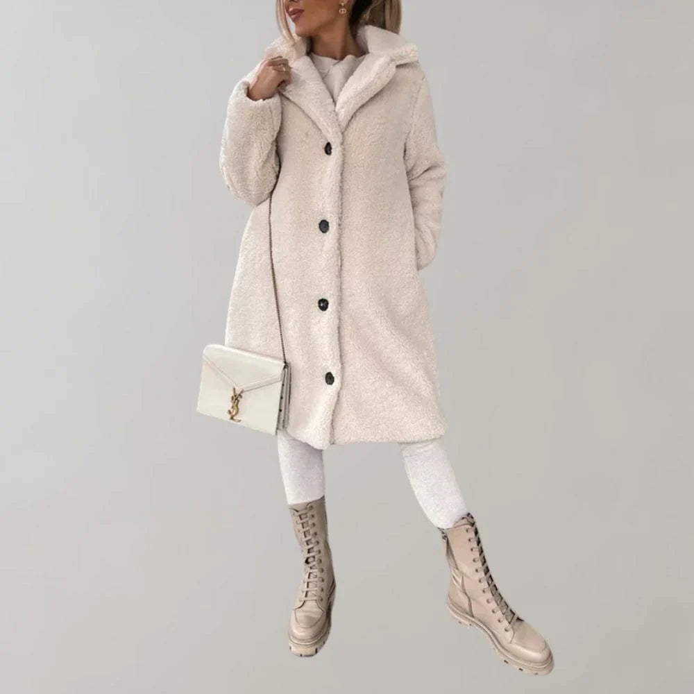 Long Teddy Coat with Lapel Collar and Button Closure for Women