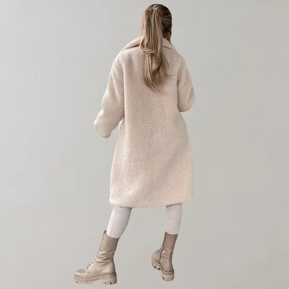 Long Teddy Coat with Lapel Collar and Button Closure for Women