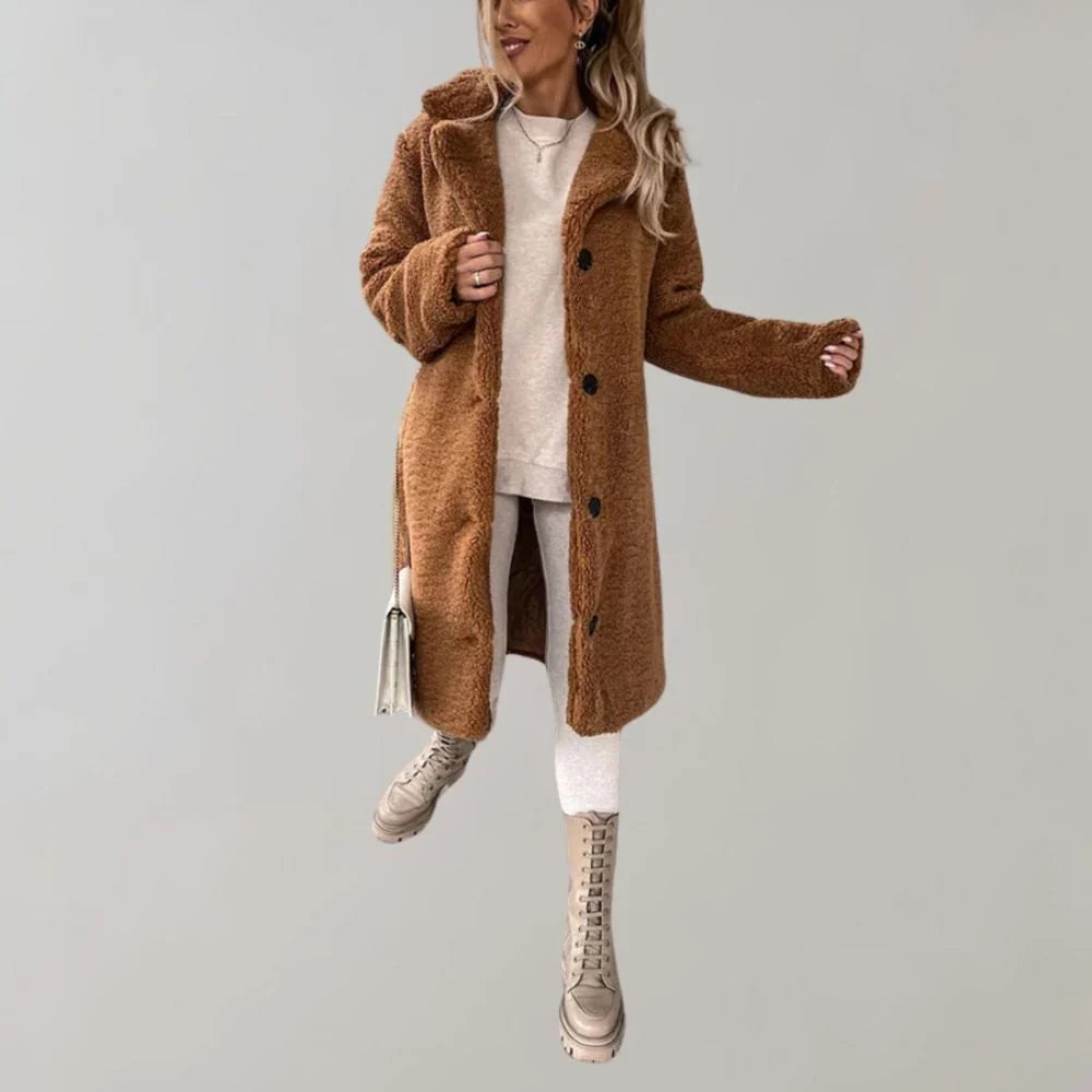 Long Teddy Coat with Lapel Collar and Button Closure for Women