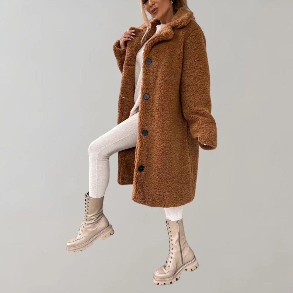 Long Teddy Coat with Lapel Collar and Button Closure for Women