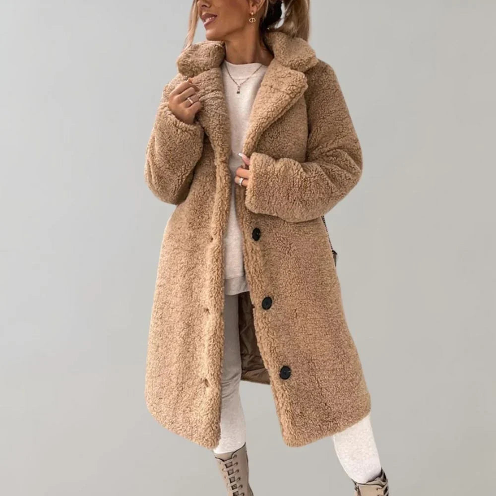 Long Teddy Coat with Lapel Collar and Button Closure for Women