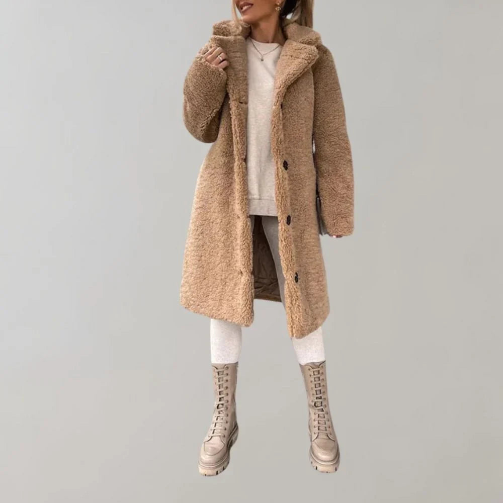 Long Teddy Coat with Lapel Collar and Button Closure for Women