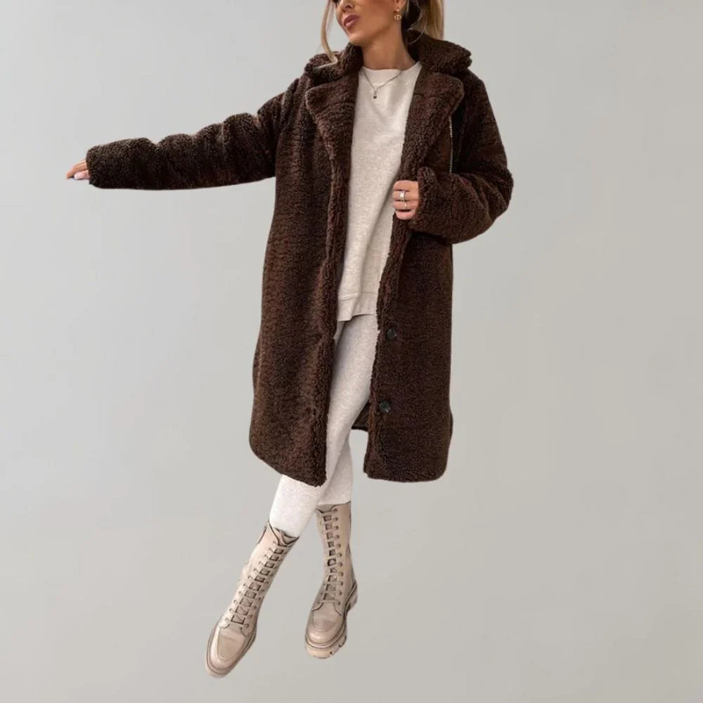 Long Teddy Coat with Lapel Collar and Button Closure for Women