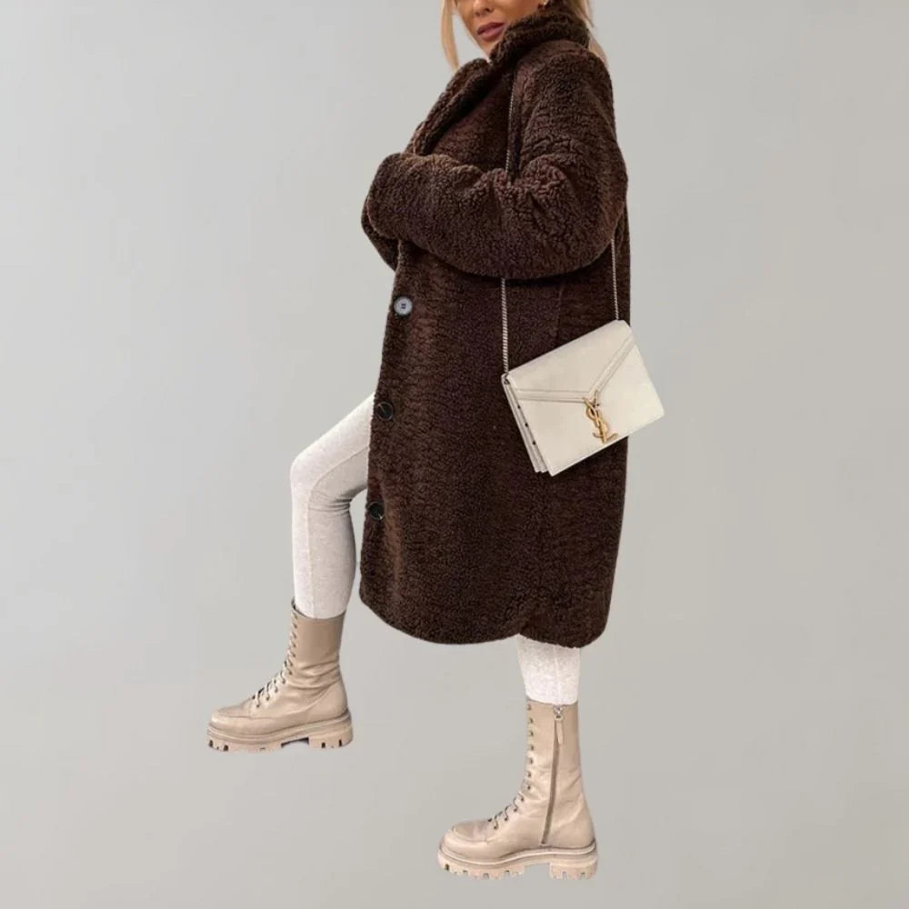 Long Teddy Coat with Lapel Collar and Button Closure for Women