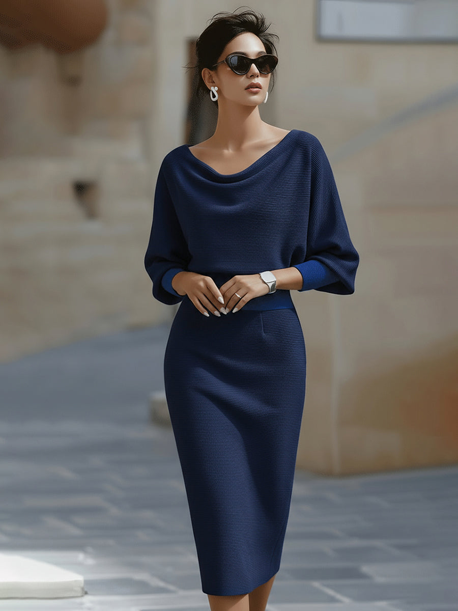 Batwing Sleeve Ribbed Knit Sweater Midi Dress for Women