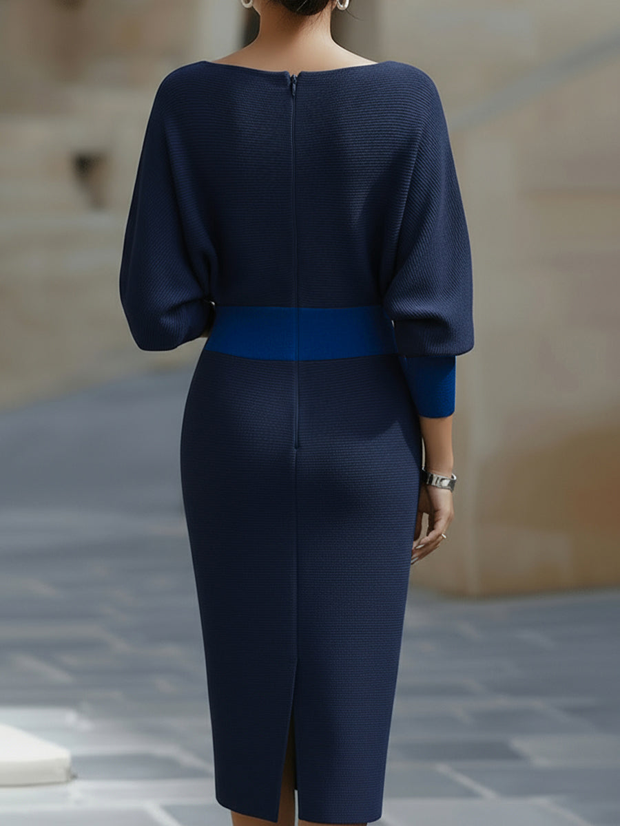 Batwing Sleeve Ribbed Knit Sweater Midi Dress for Women