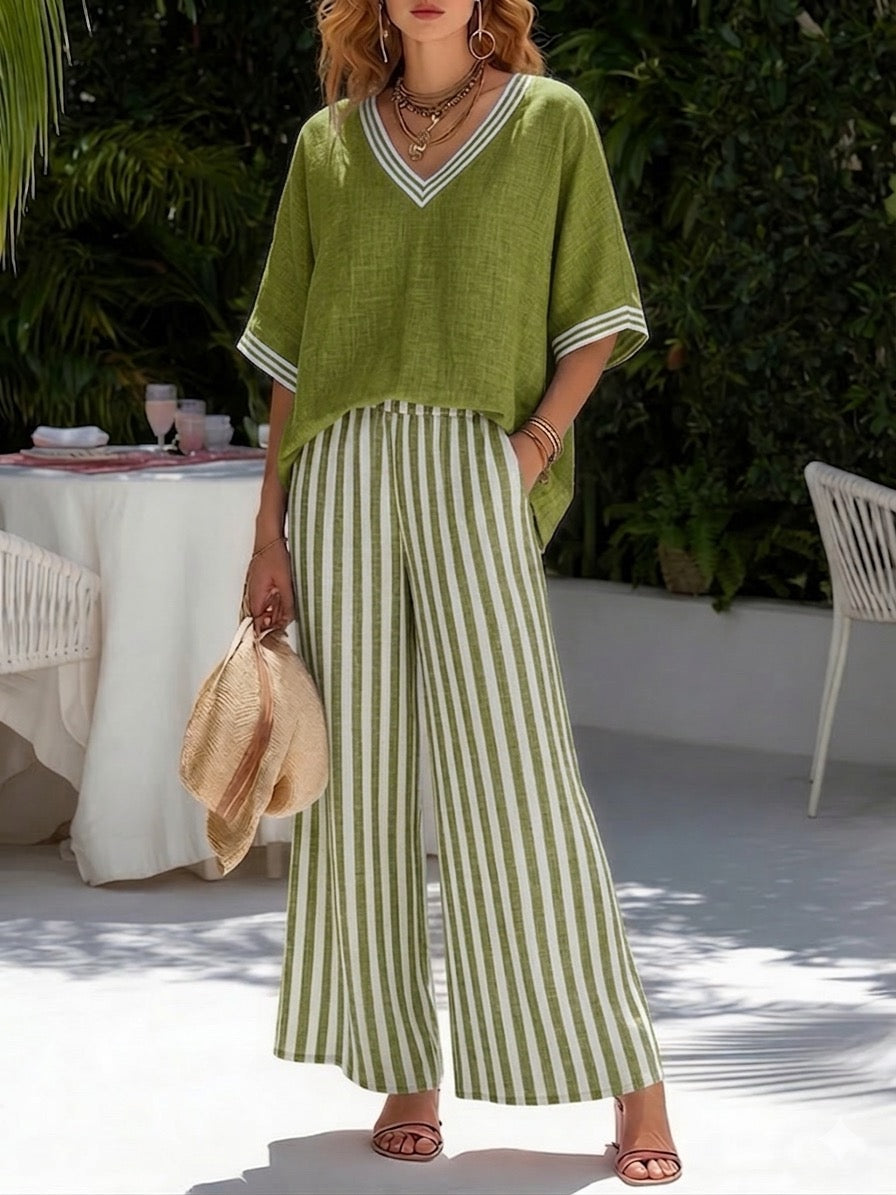 Cotton and Linen Set with Short Sleeve Top and Wide Pants for Women | Ideal for Summer