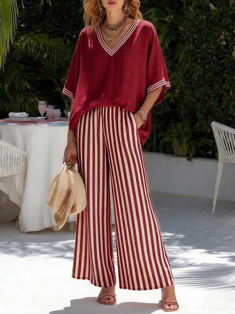 Cotton and Linen Set with Short Sleeve Top and Wide Pants for Women | Ideal for Summer