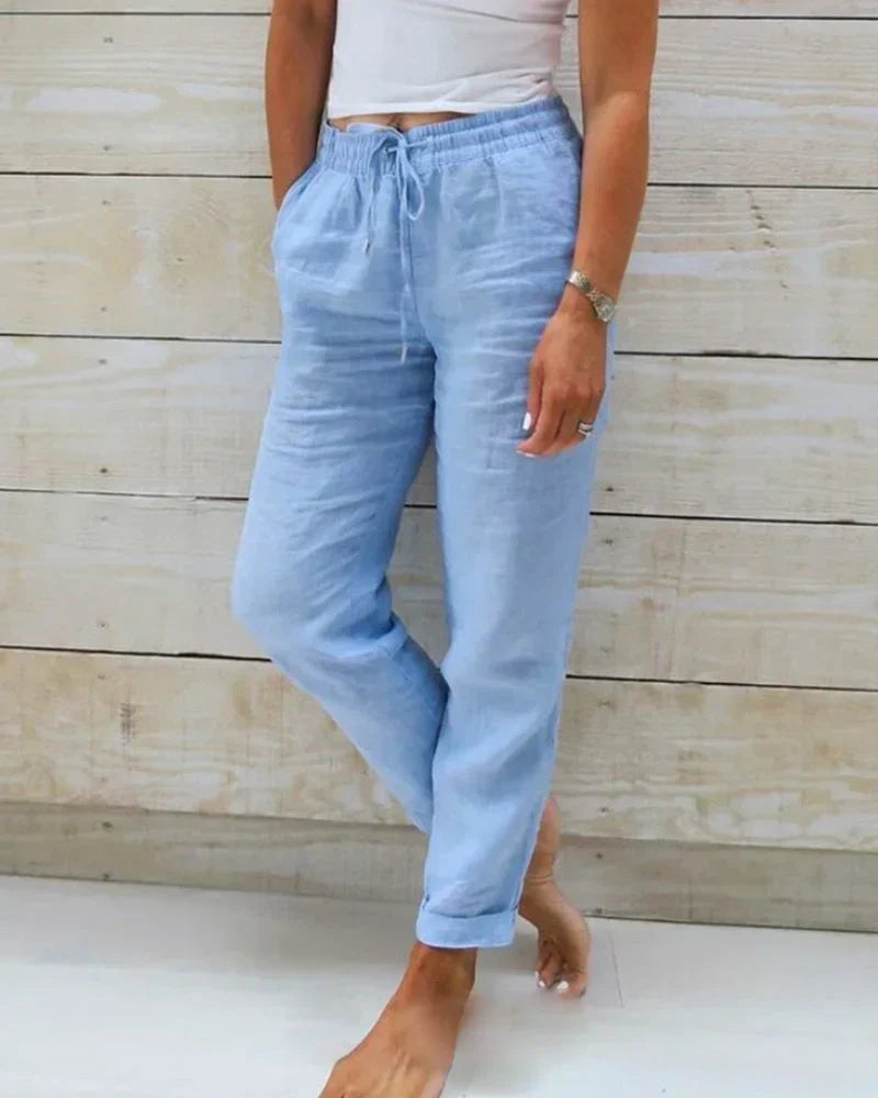 Wide-Leg Linen Pants for Women with Elastic Waist