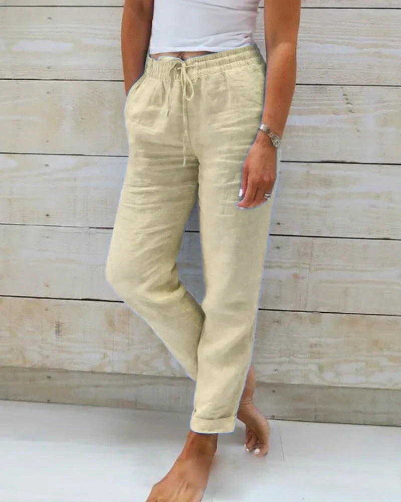 Wide-Leg Linen Pants for Women with Elastic Waist