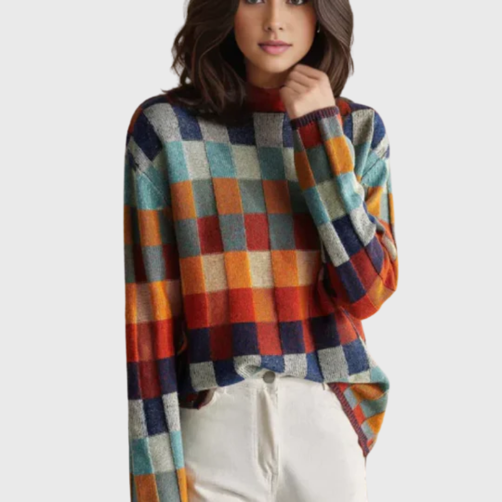 Oversized Mock Neck Color Block Long Sleeve Sweater for Women