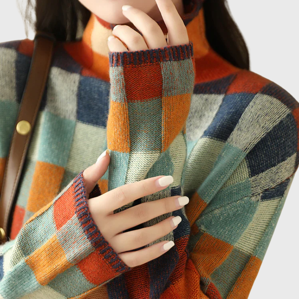 Oversized Mock Neck Color Block Long Sleeve Sweater for Women