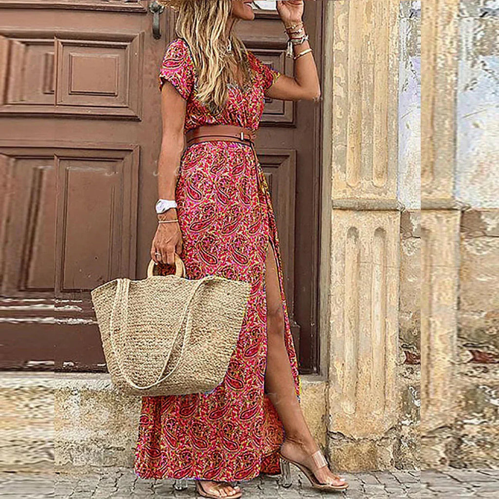 Maxi Dress with Floral Print and V-Neck for Women