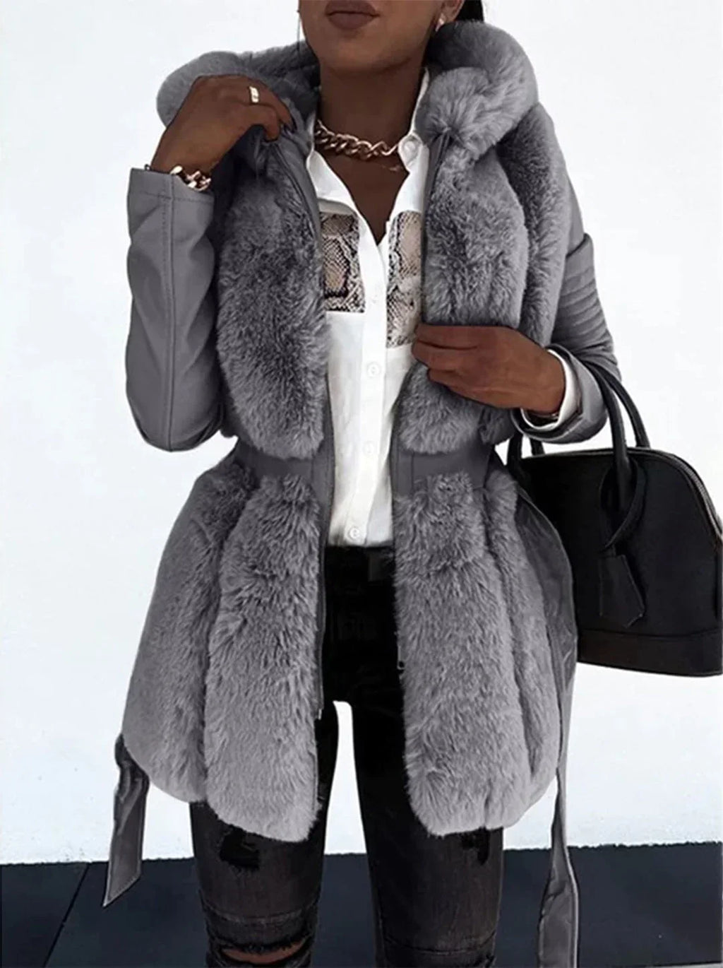 Faux Fur Hooded Belted Jacket with Faux Leather Sleeves for Women