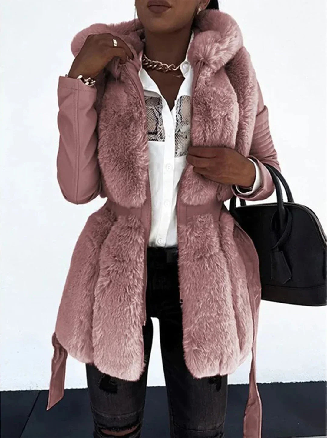 Faux Fur Hooded Belted Jacket with Faux Leather Sleeves for Women