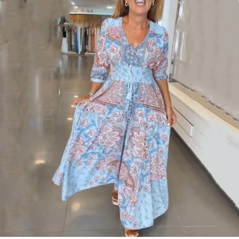 Long Dress with Floral Drawstring for Women