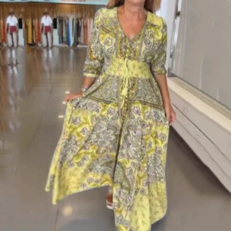Long Dress with Floral Drawstring for Women