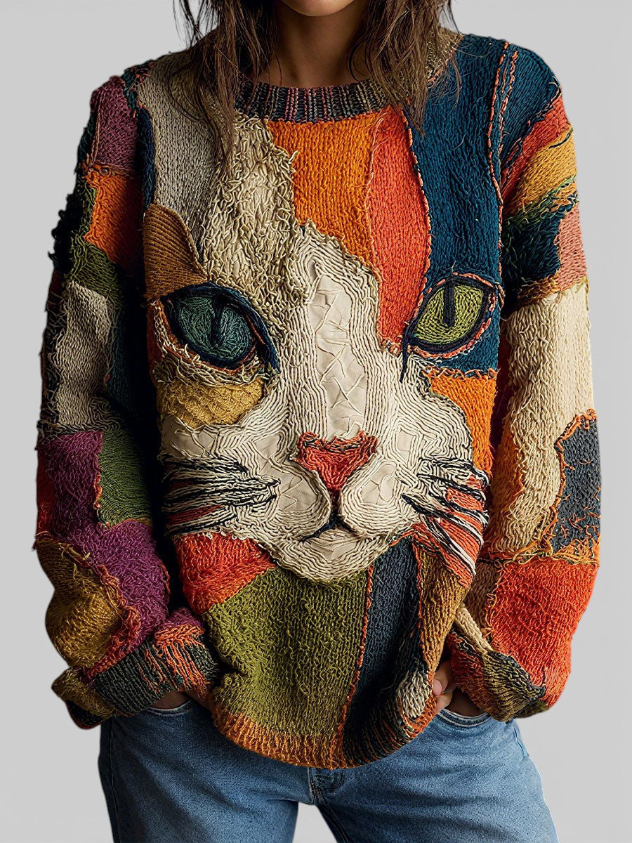Women's Oversized Printed Pullover Sweater - Casual Crewneck Knit Top