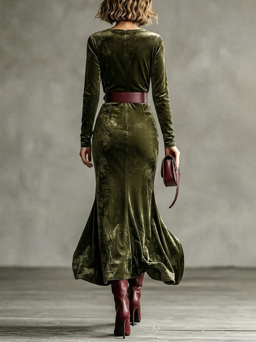 Long Sleeve Velvet Mermaid Maxi Dress with Belted Waist for Women
